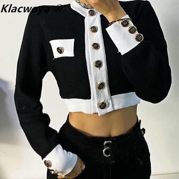

small fragrance type knit short cardigan long sleeve single breasted color contrast temperament women's spring 210521, White