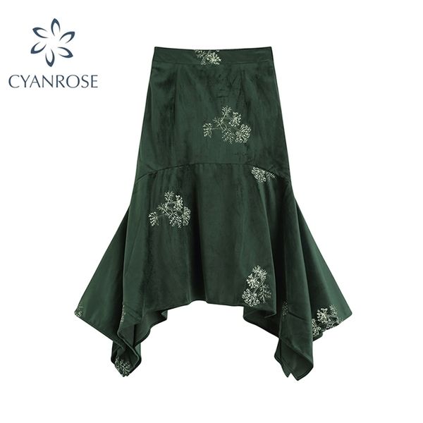 

green retro vintage skirt womens midi flannel hem irregular design high waist floral embroidery spring clothing 210515, Black