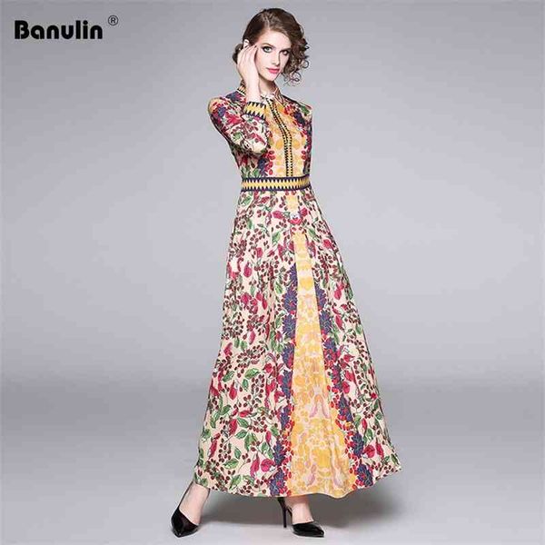 

banulin est spring summer runway long maxi women dress charming floral printed sleeve slim vintage vestidos 210603, Black;gray