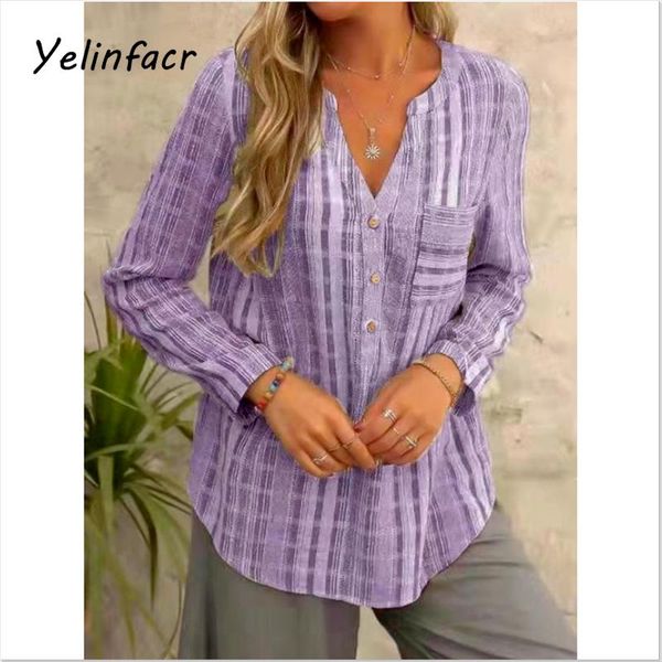 

women's blouses & shirts 2021 fashion summer striped print women shirt vintage long sleeve casual loose pocket v-neck ladies blouse str, White