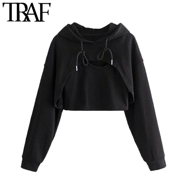 

traf women fashion two pieces sets cropped hoodies sweatshirts vintage long sleeve asymmetric female pullovers chic 210415, Black