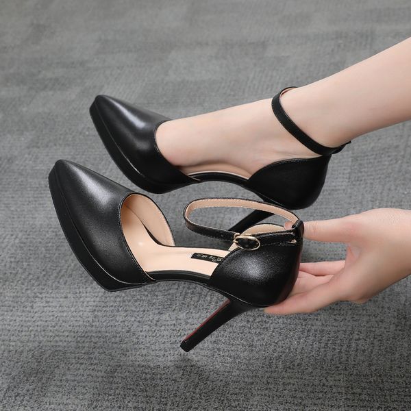 

2021 summer brand ankle straps womens sandals  cm pointed toe platform pumps matte leather ladies high heels size 32-39, Black