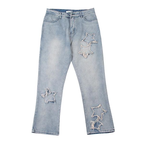 

men's jeans high street five stars embroidery ripped washed mens pants oversize straight retro harajuku casual loose denim trousers, Blue