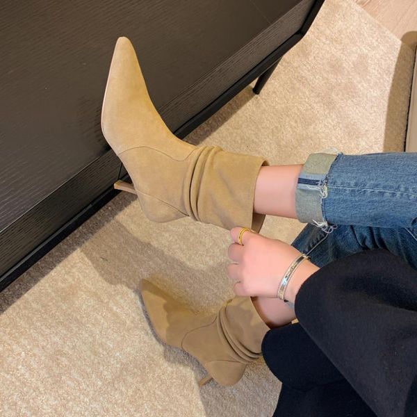 

boots arden furtado autumn winter fashion ladies ankle pointed head slip-on high heels stretch, Black