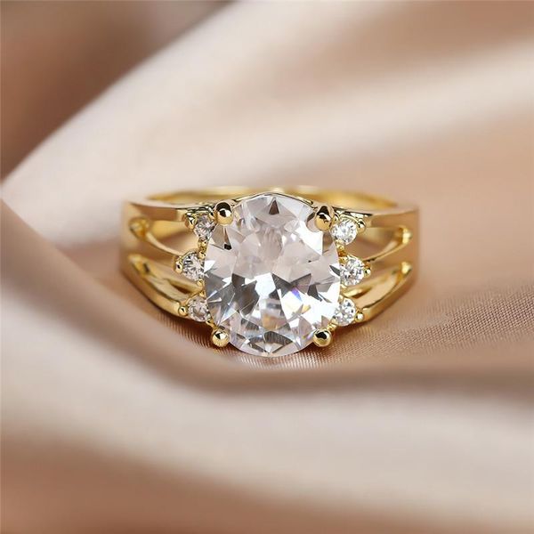 

wedding rings cute female white crystal stone ring charm gold color for women big oval bride engagement, Slivery;golden