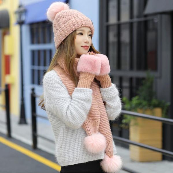 

trendy casual all-match autumn plus velvet cute knitted hats caps scarves sets dmzm041a fashion three-piece woolen hat women winter scarf gl, Blue;gray