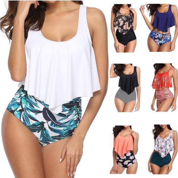 

women's swimwear tropical print bikini set high waist plus size ruffle swim separate two piece push up swimming suit beach biquini, White;black