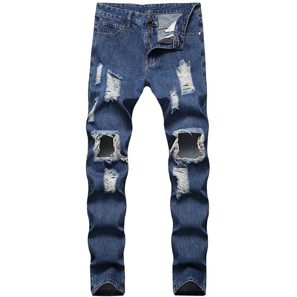 

men slim denim pants zipper ripped narrow jeans trendy men's, Blue