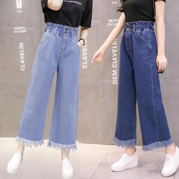 

spring pants fashion korean student women jeans younth tassels cuff high waist for girls ninth femme, Blue