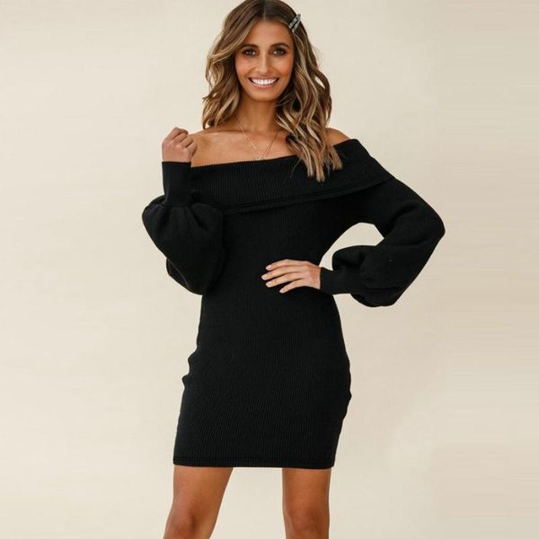 

casual dresses 2021 autumn winter knitted sweater for women slim off shoulder green dress female strapless party lantern sleeve, Black;gray