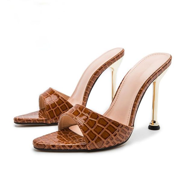 

slippers 2021women snake print strappy mule high heels sandals flip flops pointed toe slides party shoes woman, Black