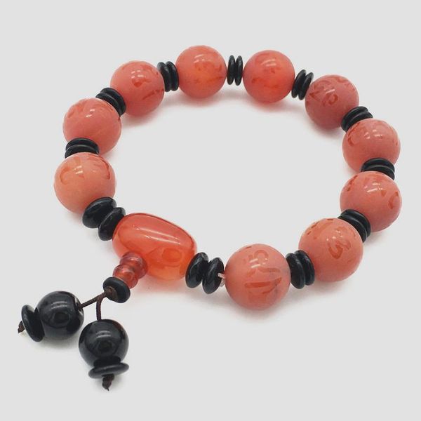 

beaded, strands fashionable joker 14mm natural carving red noxy bead bracelet 2pcs bungee cord men and women, Black