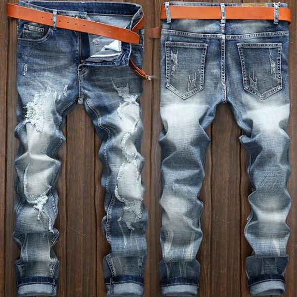 

men's elastic trousers zipper decoration jeans trendy distressed biker, Blue