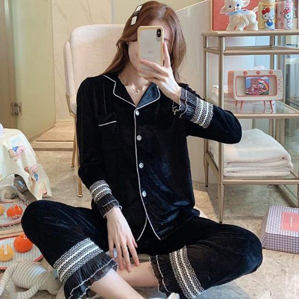 

women's sleepwear flared seeves autumn winter pajamas gold veet thick sleep + pant two piece set warm ladies nightwear pijama, Black;red