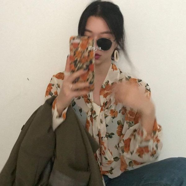 

women's blouses & shirts early autumn womens 2021 korean version chic fashion vintage rose floral chiffon lantern sleeve fashionable b, White