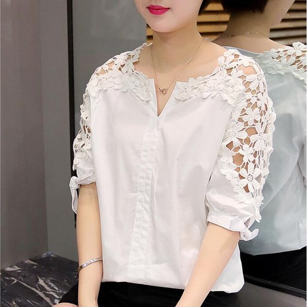 

women's blouses & shirts 2021 summer casual plus size loose korean hollow shirt lace bottoming v-neck womens and, White