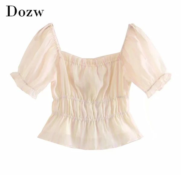 

multicolor blouse women ruffle short sleeve chic cropped blouses square collar ladies summer pleated shirt blusas 210414, White