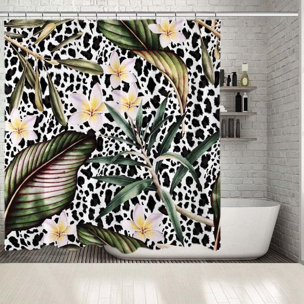 

shower curtains curtain tropical flowers leaves plants on animal print background stylish floral artwork black white green