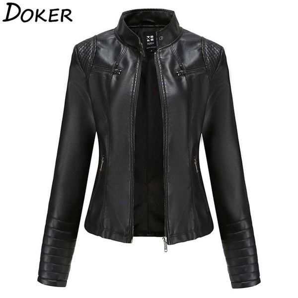 

women faux leather jacket autumn winter long sleeve plus size fashion ladies solid zipper biker coat female casual outwear 210909, Black