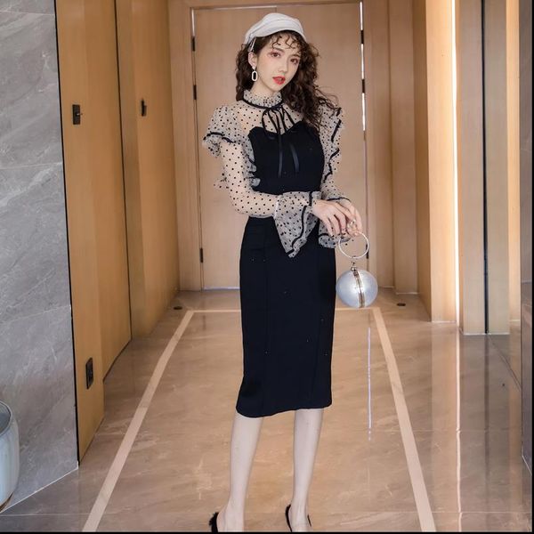 

spring autumn one piece korean women dresses polka dot mesh slim wind french hollow out long hip black 5007, Black;gray