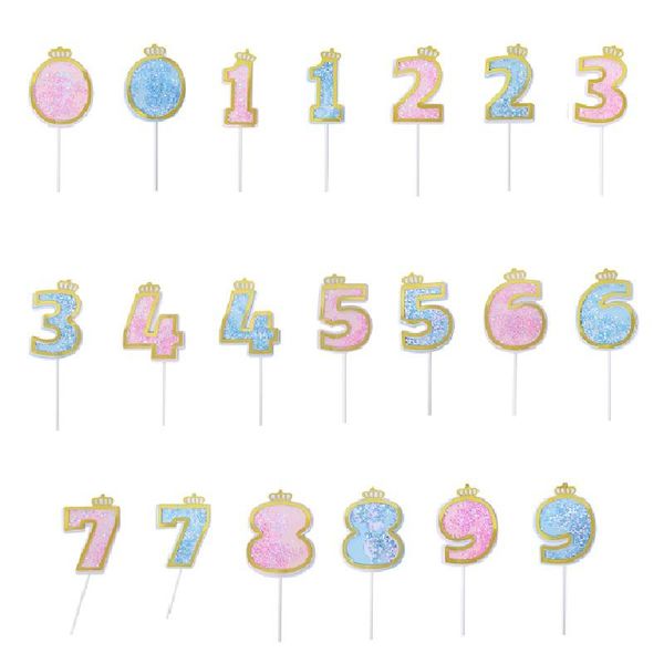 Weitere festliche Partyartikel, 0–9 Zahlen-Kuchenaufsatz, DIY-Babyparty-Dekoration, Geburtstag, Mädchen, Junge, rosa, blaue Pailletten, Kronen-Flaggen-Dekorationen