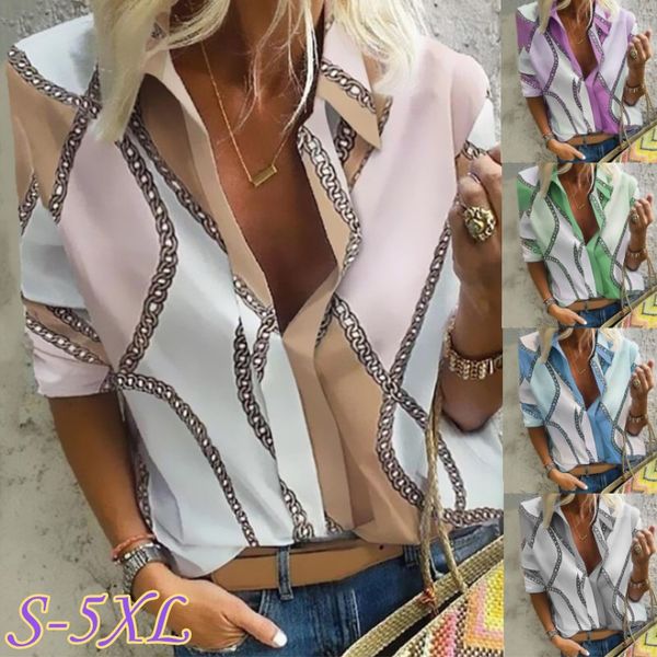 

2021 autumn womens v-neck long sleeve chain printing loose shirt casual lapel neck, White