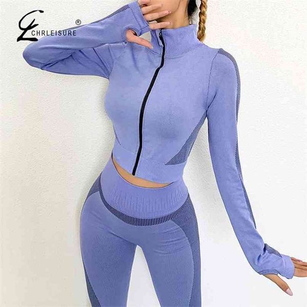 

chrleisure women 2 piece set tracksuits fitness long sleeve crop solid workout leggings female suit 210925, White