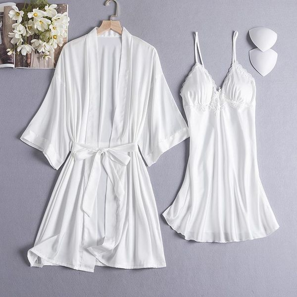 

women's sleepwear kimono robe set black satin 2pcs female intimate lingerie casual nightwear lace nightgown bathrobe gown, Black;red