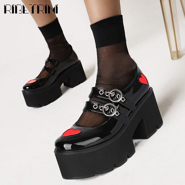 

sandals girl platform chunky heart print buckle shoes brand women gothic spring pumps, Black
