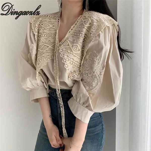 

diganozlz elegant embroidered shirt puff sleeve casual lace autumn fashion women blouse 210517, White