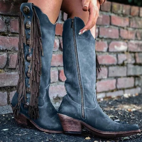 

boots women vintage mid-calf 2021 woman gladiator tassels women's leather mid heels female zip ladies casual shoes plus size, Black