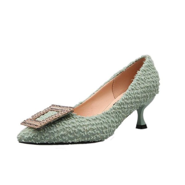 

fashion buckle pumps women high heel shoes elegant rhinestone ladies office pointed toe party wedding pumpshjn dress, Black