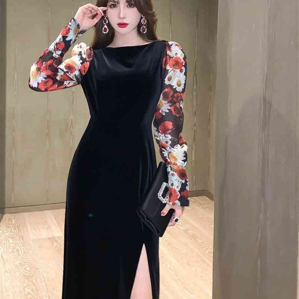 

autumn and winter wear vintage printing long-sleeved black dress thin velvet office lady polyester sheath zippers 210603, Black;gray