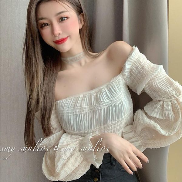

women's blouses & shirts spring autumn slash neck long-sleeved chiffon shirt slim strapless puff sleeve casual short top, White