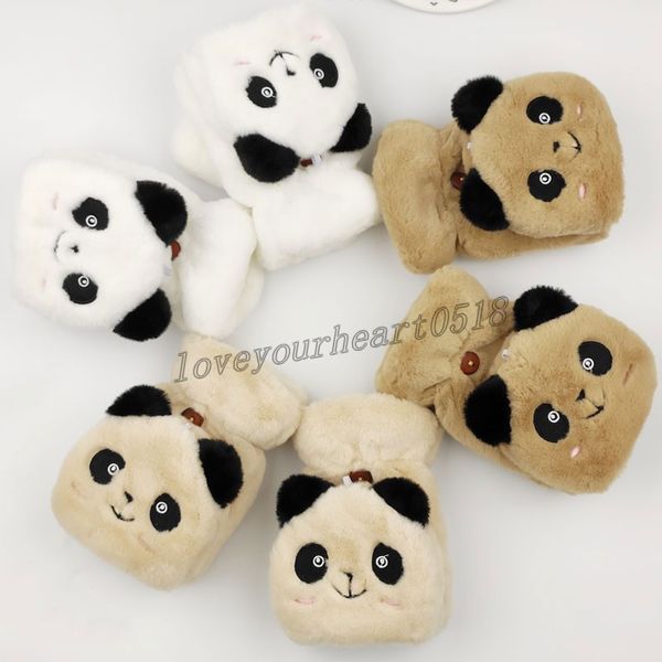 

cartoon panda half finger flip gloves outdoor winter warm comfortable cashmere cold-proof gloves cute rabbit fur mittens, Blue;gray