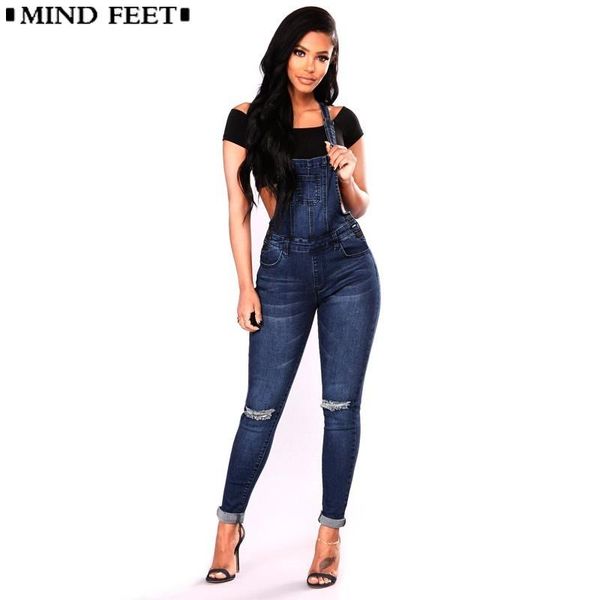 

women straps jeans female basic classic dark blue denim pants ripped hole stretch rompers jumpsuit overalls women's