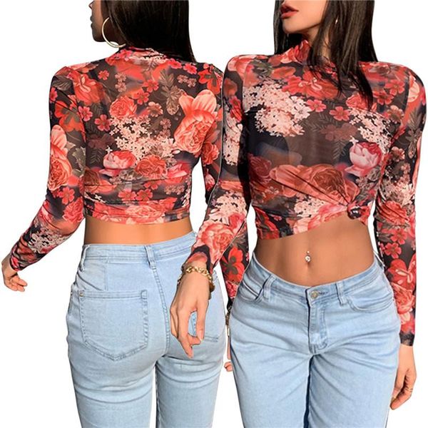 

women's t-shirt half high collar mesh sheer summer flower print long sleeve see throught slim fit t shirt clothes streetwear, White