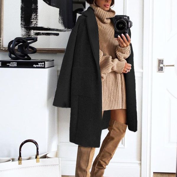 

women's wool & blends 2021 winter and autumn solid color long coat jacket casual warm fashion, Black