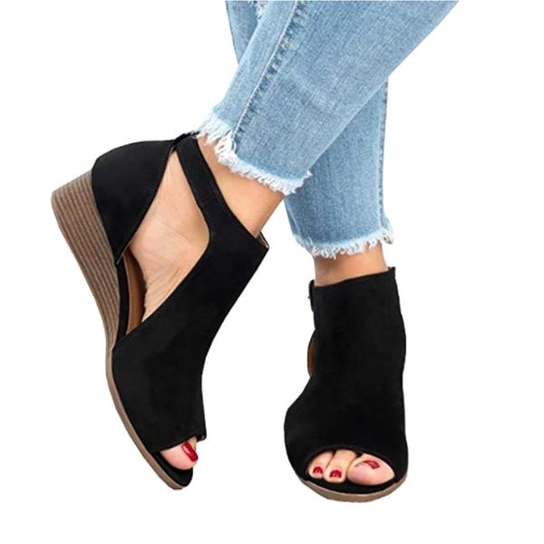 

woman wedge buckles fish mouth sandals gladiator mid heel ladies summer peep toe shoes mujer zapatos large size 35-43 dress, Black