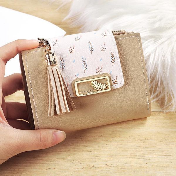 

card bag leaf korean women's hand tassel pendant short wallet zero woman holder purse, White