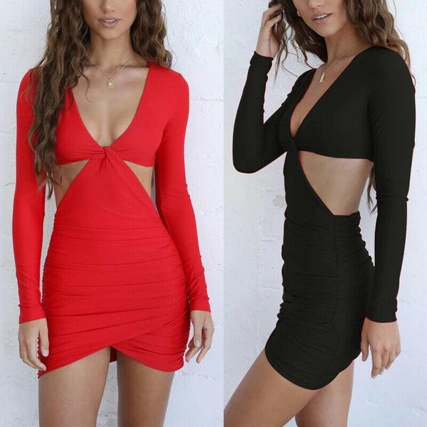 

casual dresses women's deep v neck long sleeve hollow out slim ruffles bodycon party club wrap mini dress autumn, Black;gray