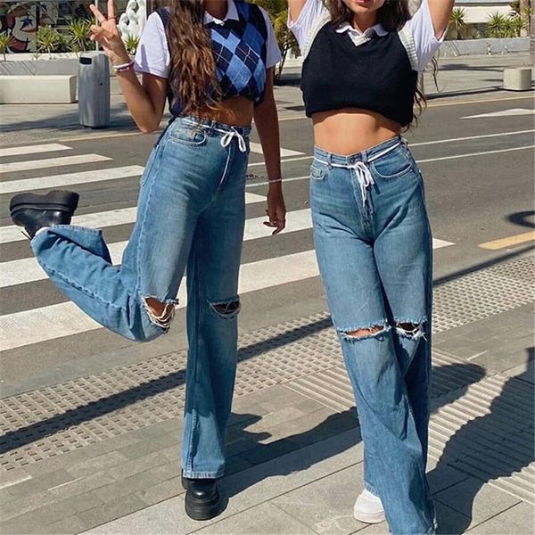 

women's pants & capris high waist loose comfortable jeans women fashion ripped knee hollow casual long wide leg mom washed boyfriends, Black;white