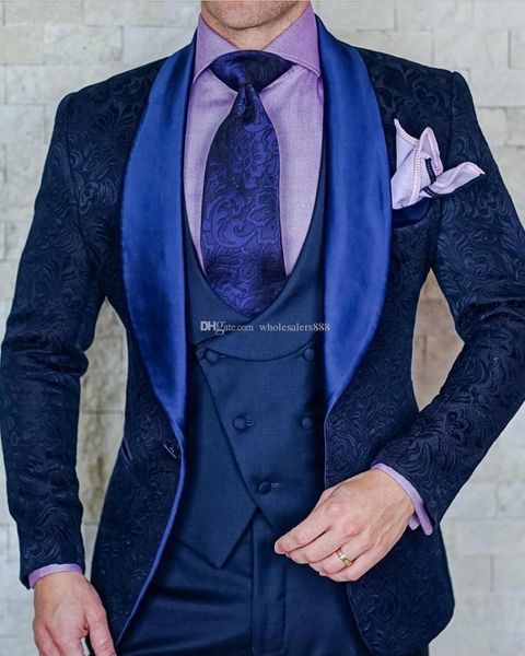 

men's suits & blazers slim fit men navy blue pattern groom tuxedos shawl satin lapel groomsmen wedding man ( jacket+pants+vest+tie, White;black