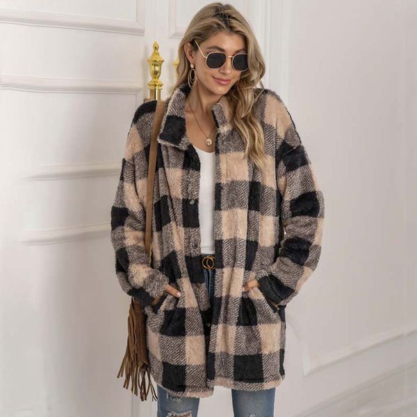 

autumn long faux fur coat women plaid jacket winter coat women long sleeve fluffy teddy jacket ladies plush jacket female, Black