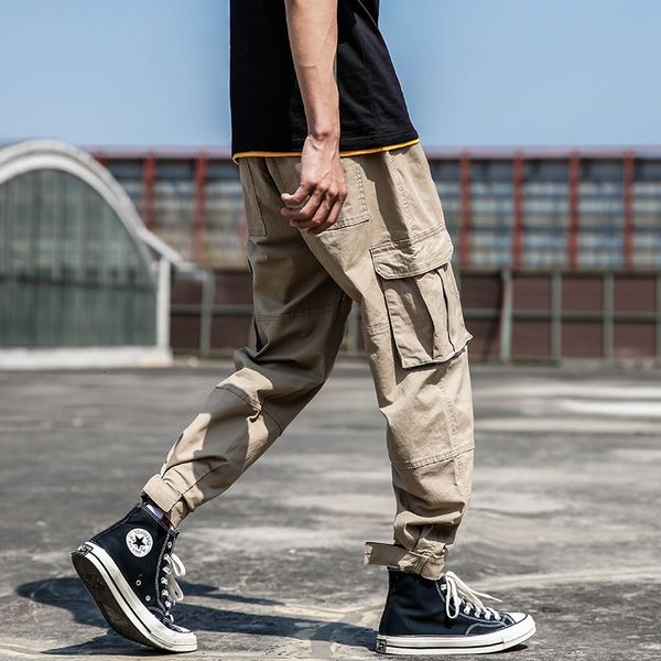 

men's pants customizable overalls student fashion high-quality multi-pocket pure cotton velcro tie-leg casual men size 28-38 lyoq, Black