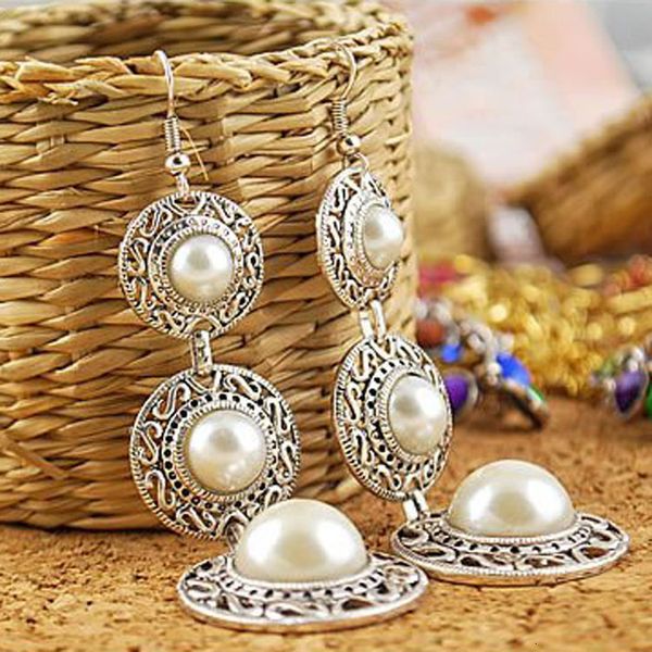 

ethnic style three layer pearl ring hat tassel earrings, Silver