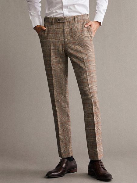 

men's suits & blazers 50% wool men pant slim style light brown plaid business man wedding groom wear plus size 42 leisure trousers, White;black