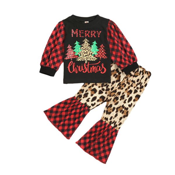 

kids clothing sets girls outfits baby clothes children spring autumn letter print t-shirts leopard flared pants 2pcs christmas b8270, White