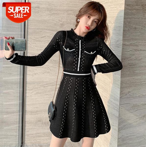 

hepburn style retro little black dress design long sleeve round neck slim base knitted #ws5u, Black;gray