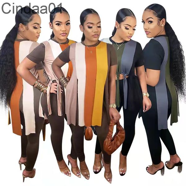 

fashion tassel two piece pants set for women solid color splicing split clothes casual stripe printing outfits, White